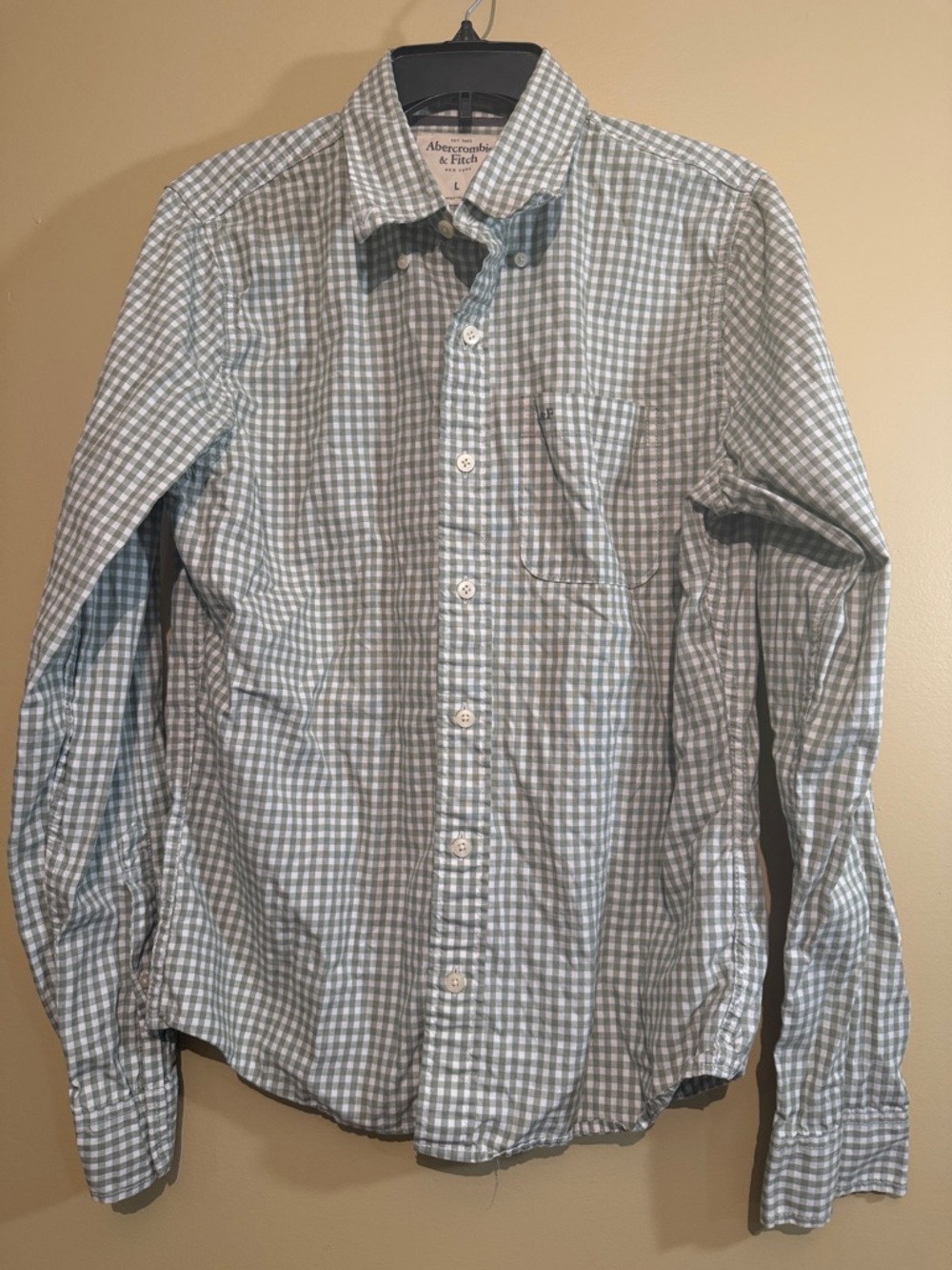 Abercrombie & Fitch Men’s Light Green and White Gingham Button-Down Shirt